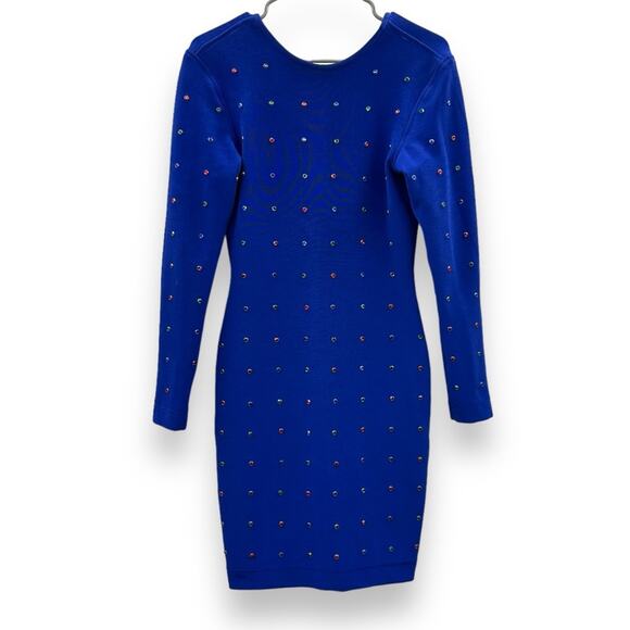 Vintage Tadashi 80s Blue Jeweled Bling Bodycon Sheath Knit Knee Length Dress - Picture 1 of 15